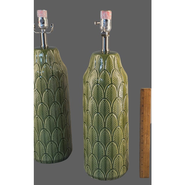 Pair of Ceramic Table Lamps Banana Leaf Pattern Tropical Green Color ...