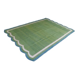 Handmade Cotton Scalloped Rug, Moss Green with Cream and Blue Border 6'x9' For Sale