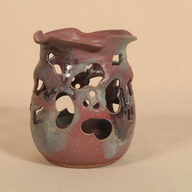 Vintage Sculptural Studio Pottery Pierced Ceramic Vessel Candle Holder With Organic Drip Glaze For Sale - Image 14 of 18
