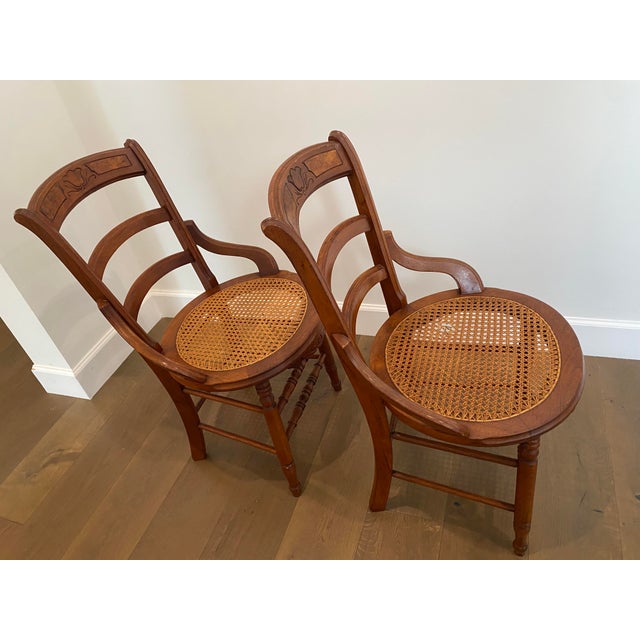 Victorian Pair of Late Victorian Early Edwardian Cane Seat Chairs With Carved Tulip Motif For Sale - Image 3 of 17