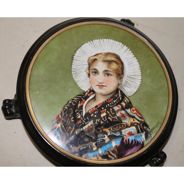 Realism Antique Hand Painted Figural Realism Portrait Porcelain Footed Trivet Stand For Sale - Image 3 of 11