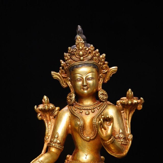 Bronze Vintage Gilt Bronze Green Tara Statue Buddhist Deity Sculpture 8.3" For Sale - Image 8 of 9