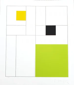 Gottfried Honegger, Composition 3 3D Squares (Green, Black, Yellow), 2015, Silkscreen