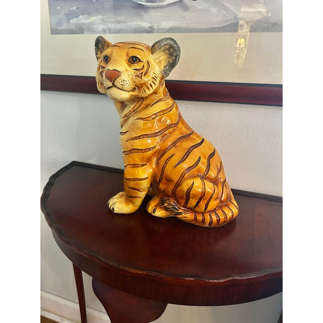 Mid-Century Modern Vintage Marwal Chalkware 14” Bengal Tiger Cub Sculpture – Hand-Painted Mid-Century Hollywood Regency Safari Decor For Sale - Image 3 of 12