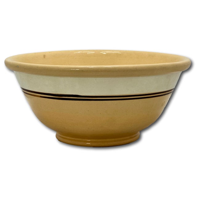 Mustard Nice Antique Large Thick & Heavy 13 Inch Brown & Cream Color Banded Yellow Ware Kitchen Mixing Bowl - Circa Late 1800s For Sale - Image 8 of 18
