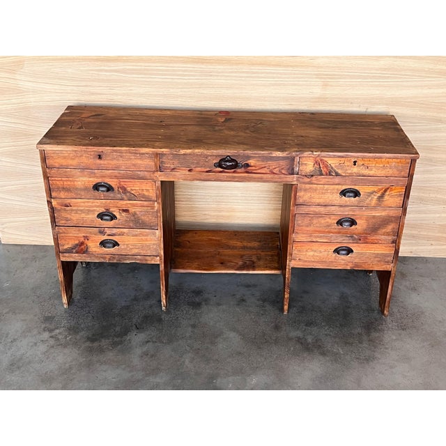 1920's Spanish Secretaire Pine Work Pedestal Desk For Sale - Image 4 of 18