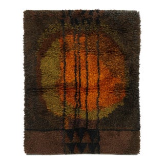 Vintage Swedish Rya Rug With Brown and Orange Geometric Pattern - Rug & Kilim For Sale