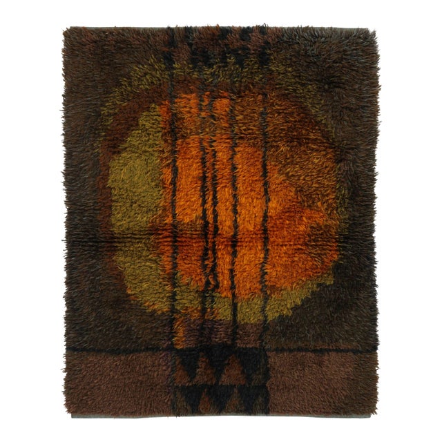 Vintage Swedish Rya Rug With Brown and Orange Geometric Pattern - Rug & Kilim For Sale