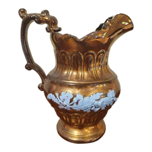 Copper Lustreware Ceramic Pitcher With Blue Jasperware Pattern