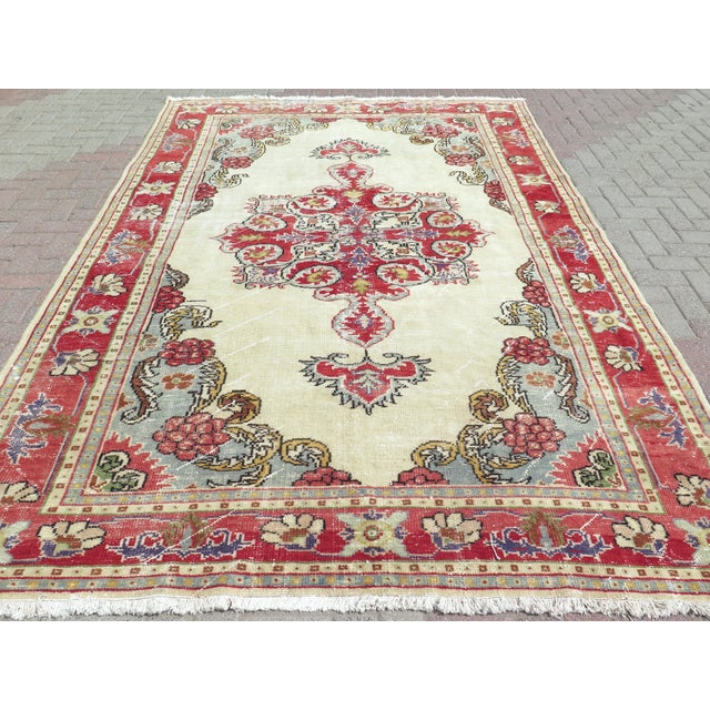 Mid-Century Modern Mid 20th Century Vintage Turkish Oushak Carpet Distressed Area Rug For Sale - Image 3 of 11