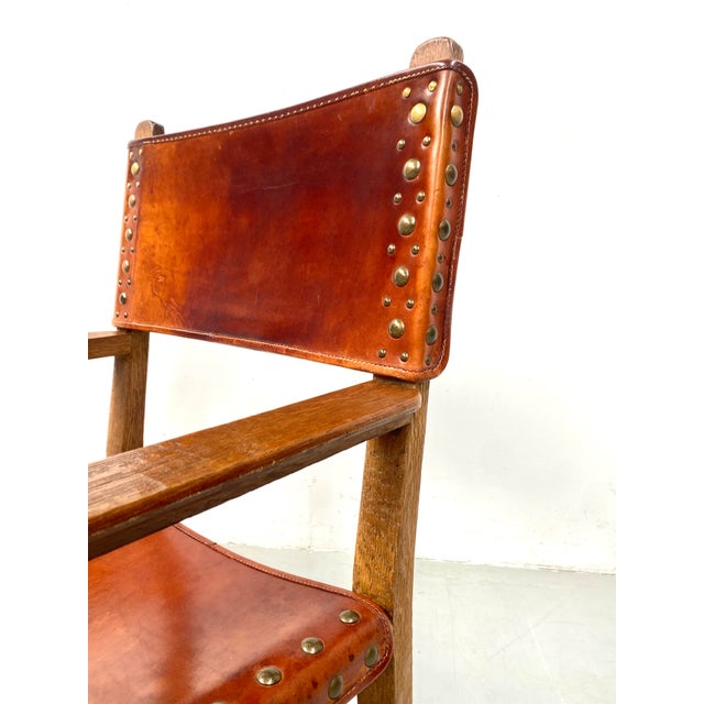 Wood Vintage French Brutalist Castle Armchair in Oak and Cognac Leather, 1920s For Sale - Image 7 of 16