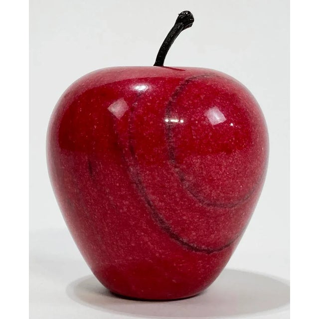 Bright red marble vintage apple paper weight with rubber stem. Age wear. No chips.