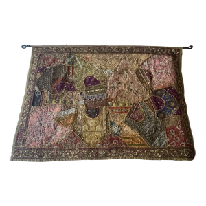 Antique Tapestry Wall Hanging Embellished W Sequins Pearls Gold Thread