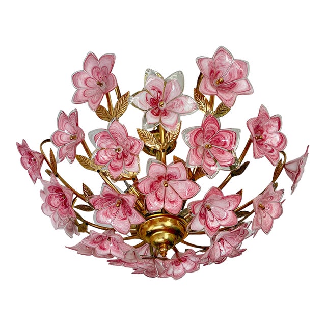 Vintage Murano Glass Floral Chandelier – Rare Deep Pink Flowers, Flush Mount For Sale