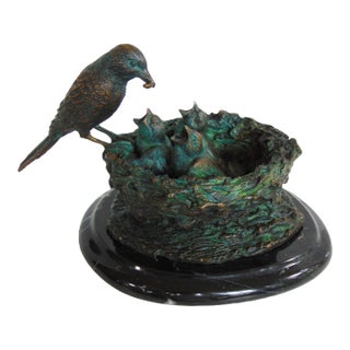 Vintage Bronze Bird Feeding Baby Birds in Nest Sculpture on Base 6.75"h For Sale
