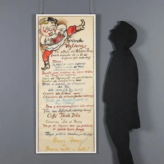Mixed media on paper. Signed and dated lower right. Fun and ironic presentation of the menu for the 1960 New Year's Eve...