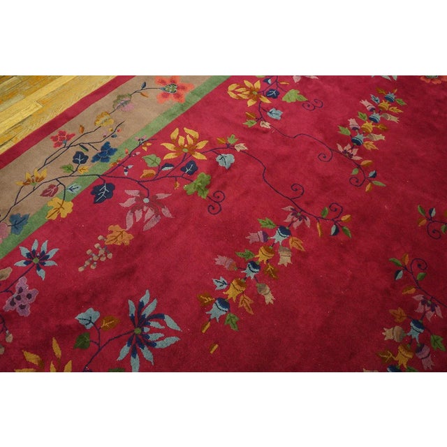 Textile 1920s Ruby Red Floral Vase Antique Chinese Art Deco Carpet 9' X 11'9" Knotted Wool Rug For Sale - Image 7 of 12