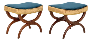 Empire Style Velvet Upholstered Curule Stools, Pair