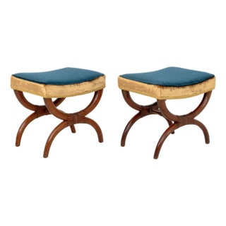 Empire Style Velvet Upholstered Curule Stools, Pr. For Sale