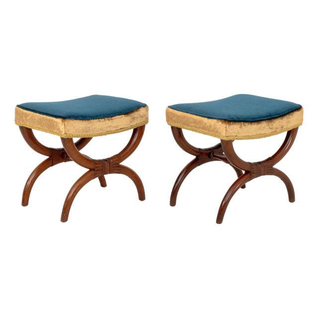 Empire Style Velvet Upholstered Curule Stools, Pr. For Sale