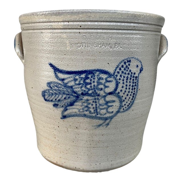 Vintage Pennsylvania Stoneware Crock With Blue Bird Motif, Stamped D. Eldreth For Sale
