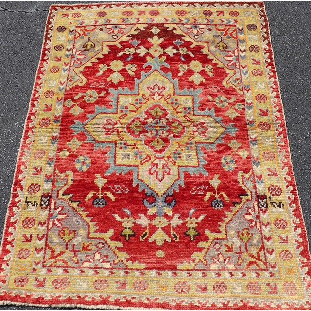 Red Antique Turkish Oushak Medallion Rug in Red, Lime Green, Gray & Light Blue For Sale - Image 8 of 11