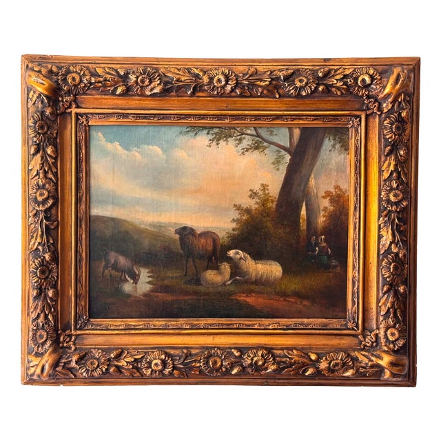 Unknonw, Pastoral Sheep Landscape, 1800s, Oil on Canvas, Framed For Sale