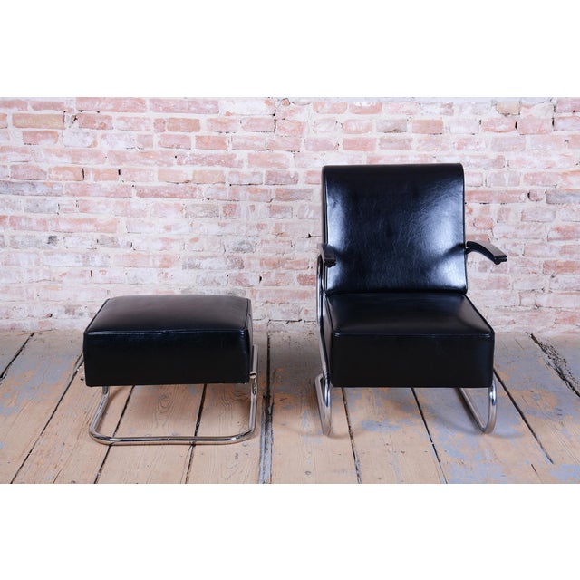 Black Set of Art Deco Lounge Chair with Ottoman in Chromed Steel and Leather by Willem Hendrik Gispen for Mücke Melder, Czech, 1930s For Sale - Image 8 of 12