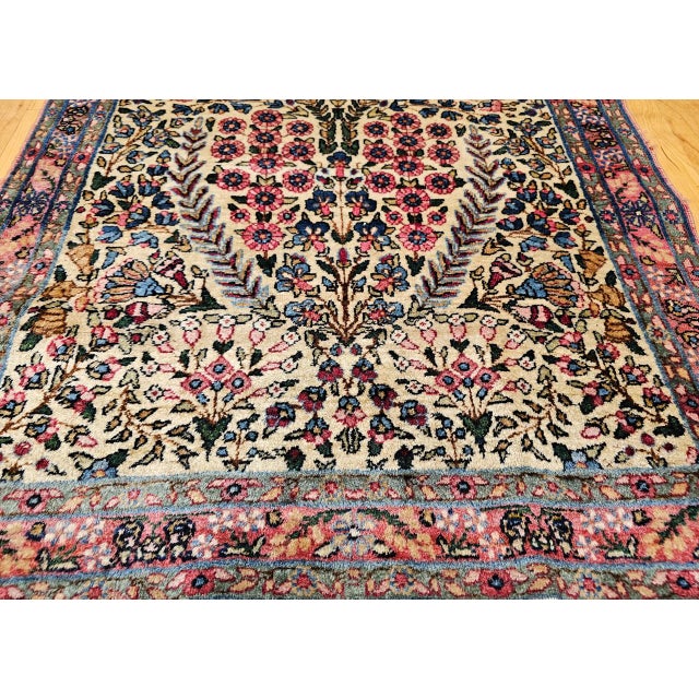 Cream Early 20th Century Persian Kerman Lavar Rug, Hand-Knotted Wool, Allover Floral Pattern, Ivory & Green, 3x5 For Sale - Image 8 of 13