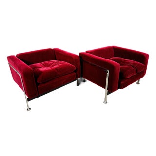 Stendig Mid-Century Modern Cube Lounge Chairs in Burgundy Mohair Velvet and Chrome, Robert Hausmann for De Sede Style - A Pair For Sale