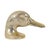 Vintage metal bottle opener shaped like a duck's head, made of silver-colored metal with a gold-colored finish; dates from...
