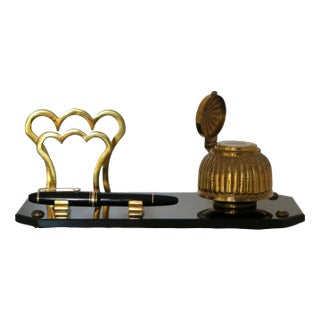 Art Deco Opaline and Gilt Inkwell, Pen and Paper Holder, Set of 3 For Sale