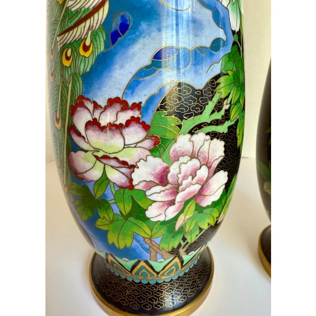Pair of Asian Cloisonné Peacock and Peony Vases For Sale - Image 4 of 12