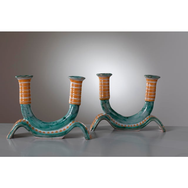 Mid-Century Modern Cantagalli Ceramic Candleholders from Ics Vietri, Italy, Late 1930s, Set of 2 For Sale - Image 3 of 10
