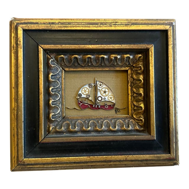 Vintage Folk Art Small Sailboat Picture, Framed For Sale