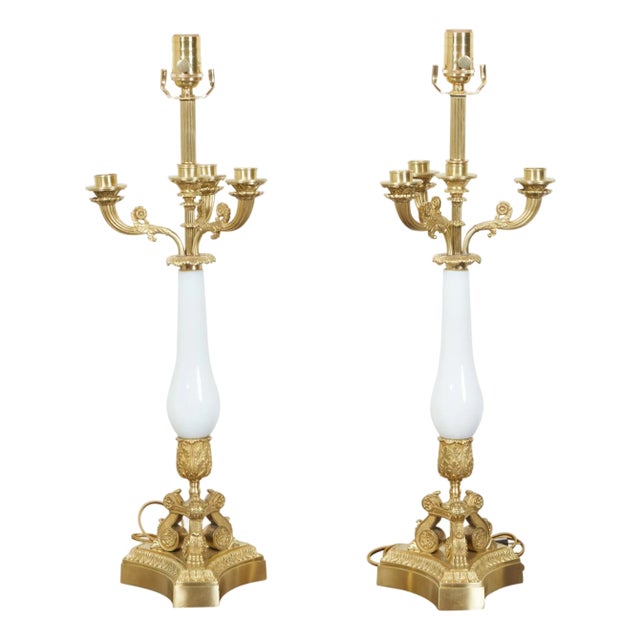 1920s French Empire Style Bronze and Opaline Glass Table Lamps - a Pair For Sale
