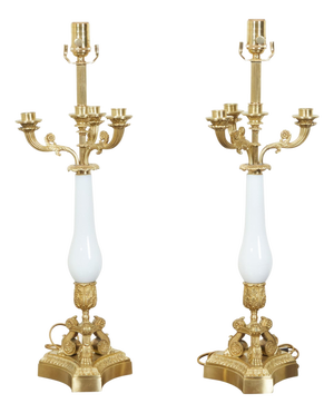1920s French Empire Style Bronze and Opaline Glass Table Lamps - a Pair