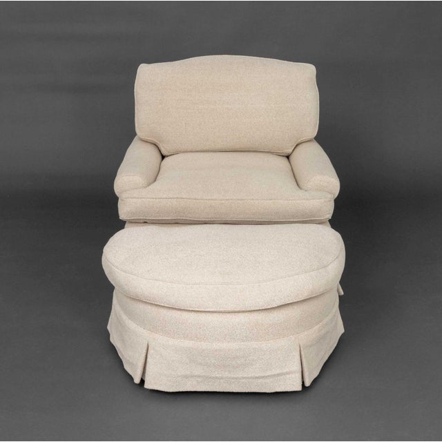 Modern Beige Textured Fabric Upholstered Easy Chair and Demilune Ottoman. Armchair: 33" H x 35" W x 32" D; seat: 19" H;...