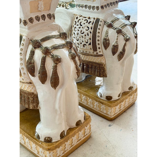 Cream Vintage Chinoiserie Regency Glazed Terracotta Ceramic Elephant Garden Side Tables For Sale - Image 8 of 11