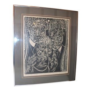 Vintage Original Homage to Dona Figural Stylized Lewis 82' Block Print Portrait For Sale