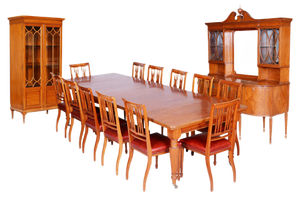 19th Century British Satin Wood Dining Room Set with 12 Chairs from Maple & Co., Set of 15
