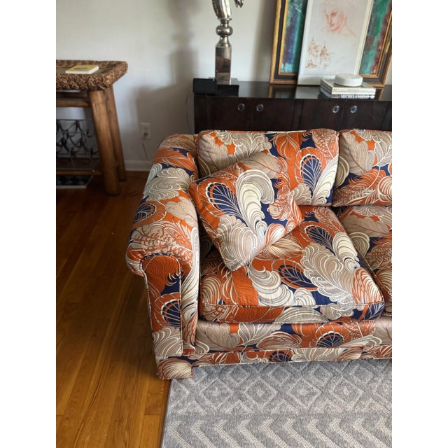 Late 20th Century Custom Three-Seat Sofa in Terracotta and Indigo Art Deco Revival Pattern For Sale In Philadelphia - Image 6 of 12