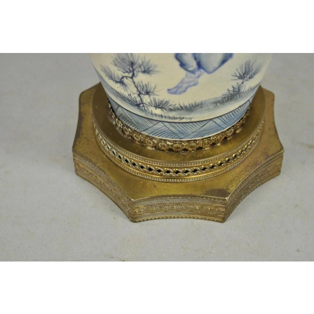 Vintage Japanese Blue White Porcelain Jardinierie Vase Chinoiserie Table Lamp For Sale - Image 11 of 15