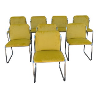 Vintage Steel Chairs with Yellow Velvet, 1970s, Set of 8 For Sale