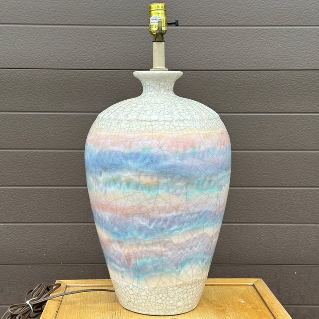 Vintage Sunset Rainbow Crackle Glazed Ceramic Table Lamp For Sale In Philadelphia - Image 6 of 12