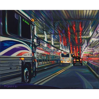 Lincoln Tunnel (Bus) by Maria Mijares | Acrylic on Linen Night scene of buses in Lincoln Tunnel For Sale