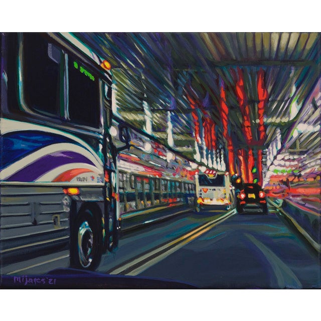 Lincoln Tunnel (Bus) by Maria Mijares | Acrylic on Linen Night scene of buses in Lincoln Tunnel For Sale