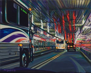 Lincoln Tunnel (Bus) by Maria Mijares | Acrylic on Linen Night scene of buses in Lincoln Tunnel