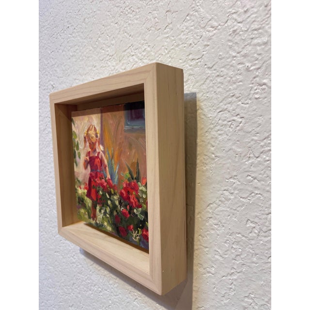 Contemporary Rose-Red by Lisa Fricker | Oil on Board Painting of a girl among red roses For Sale - Image 3 of 3