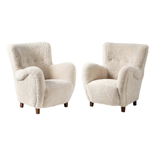 Pair of 1940s Shearling Armchairs in the Style of Flemming Lassen For Sale